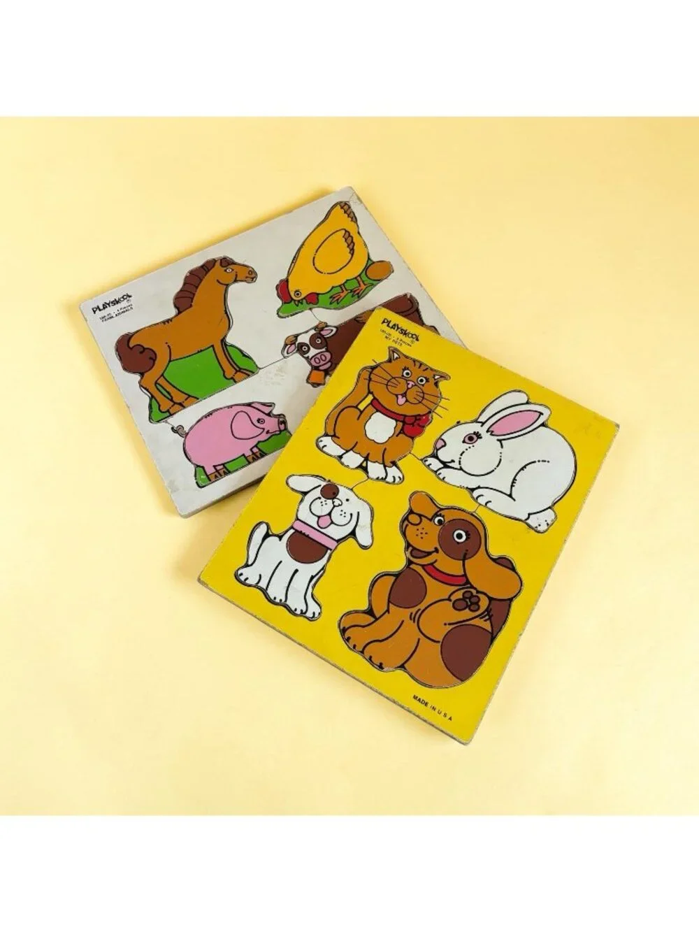 Lot 2 Vintage Playskool Board Wooden Puzzles Animals Farm Preschool Homeschool